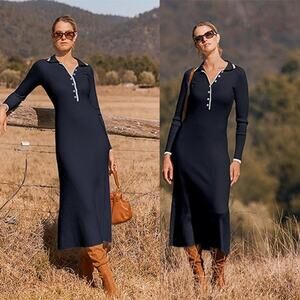 NEW Merokeety Long Sleeves Ribbed Knit V-Neck Maxi Dress Navy Size: Small